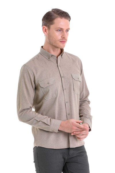 Bej Comfort Fit Düğmeli Yaka Uzun Kollu Casual Flanel Gömlek - 4