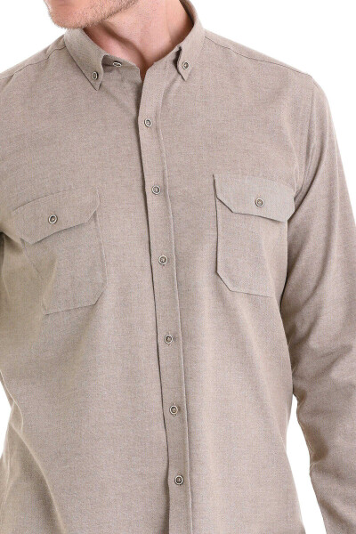 Bej Comfort Fit Düğmeli Yaka Uzun Kollu Casual Flanel Gömlek - 6