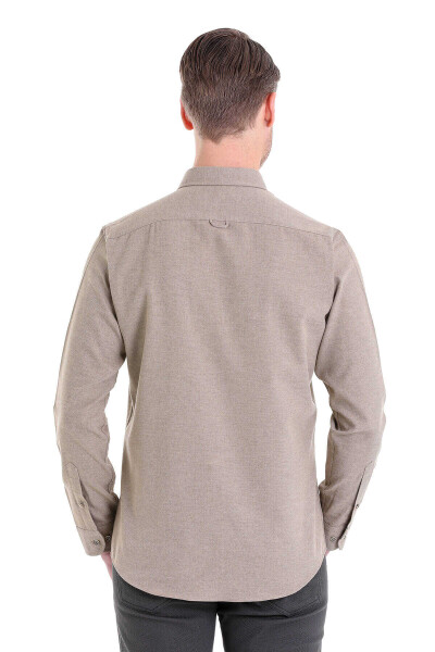 Bej Comfort Fit Düğmeli Yaka Uzun Kollu Casual Flanel Gömlek - 7