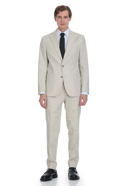 Bej Comfort Fit Mono Yaka Klasik Takım Elbise 