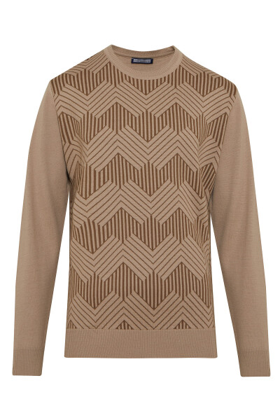 Bej Regular Fit Desenli Bisiklet Yaka Yünlü Kazak - Hatemoğlu