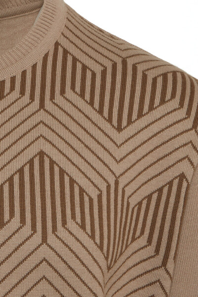 Bej Regular Fit Desenli Bisiklet Yaka Yünlü Kazak - 3