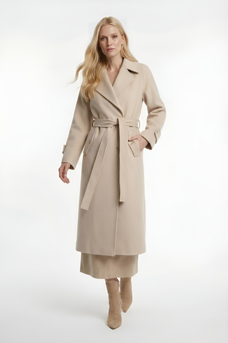 Saykı Woman Bej Dinamik Fit Ceket Yaka Kaşe Yünlü Manto - Saykı Woman