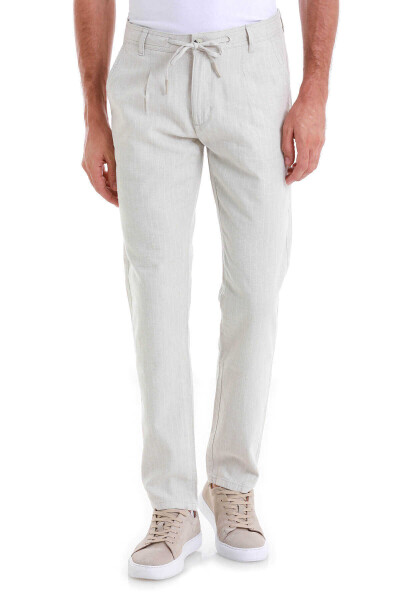 Bej Dinamik Fit Çizgili Yandan Cepli Keten Pantolon - 2