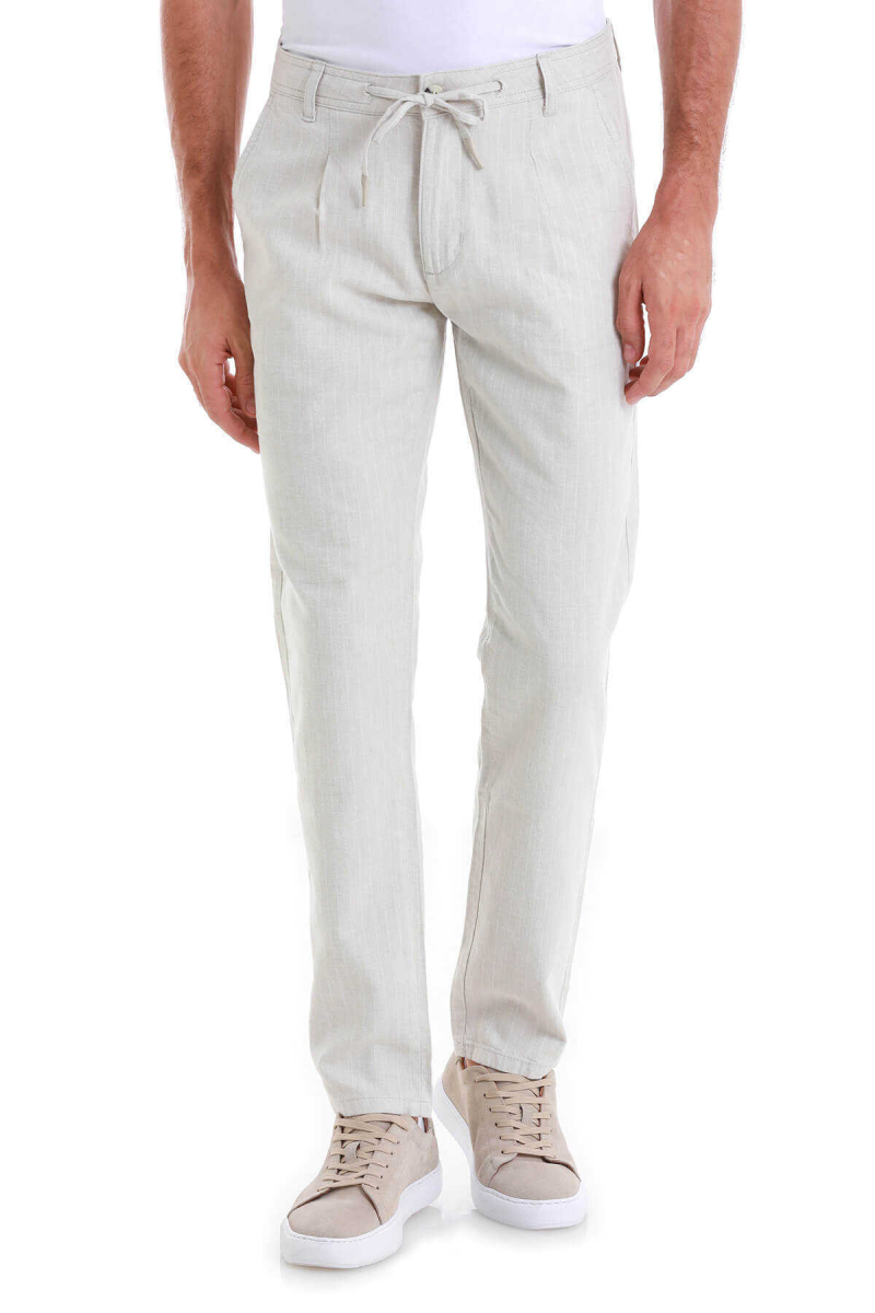 Bej Dinamik Fit Çizgili Yandan Cepli Keten Pantolon - Hatem Saykı (1)