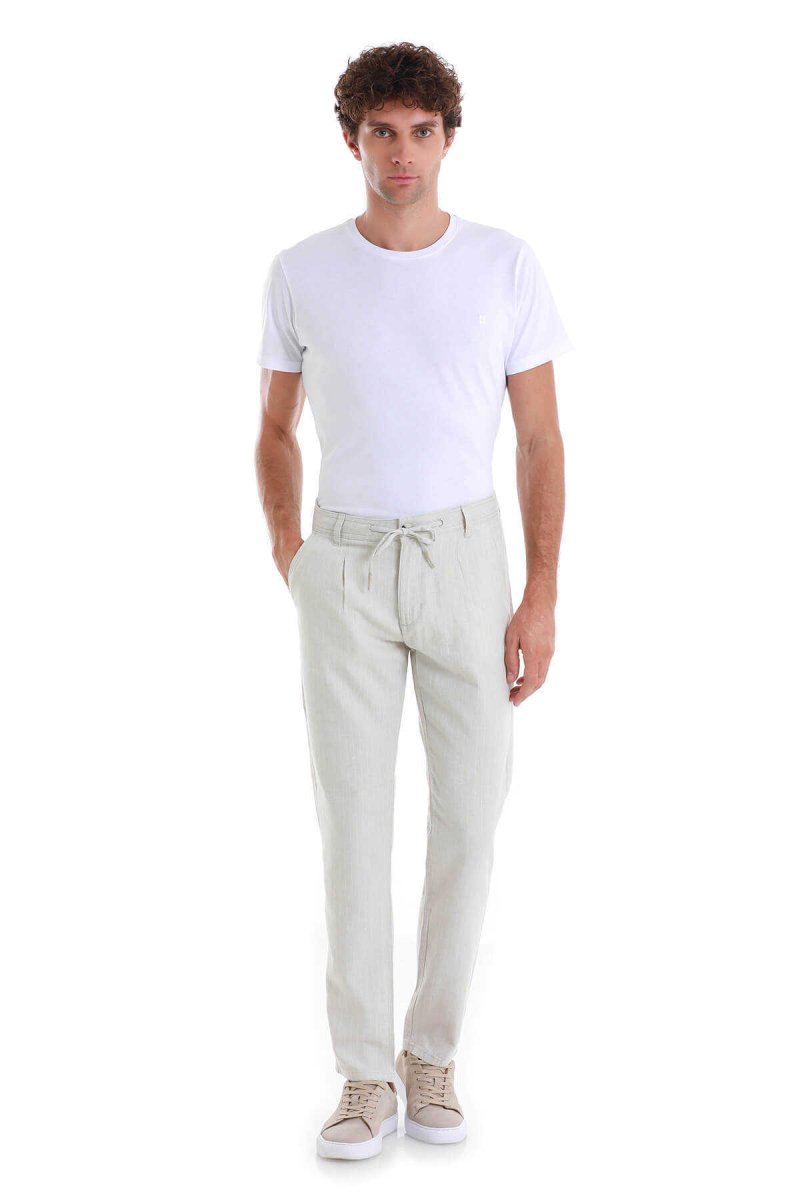 Bej Dinamik Fit Çizgili Yandan Cepli Keten Pantolon - Hatem Saykı