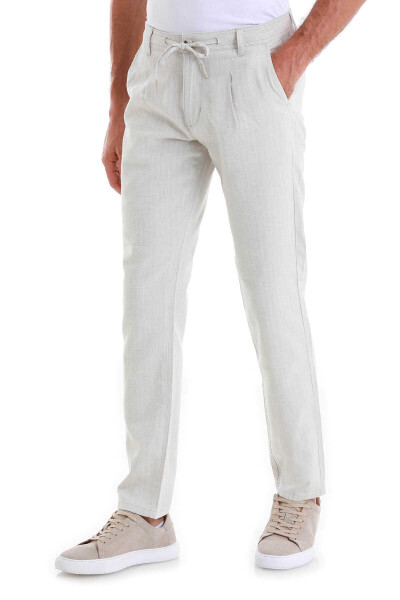 Bej Dinamik Fit Çizgili Yandan Cepli Keten Pantolon - 3