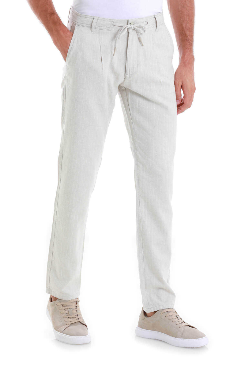 Bej Dinamik Fit Çizgili Yandan Cepli Keten Pantolon - Hatem Saykı (1)