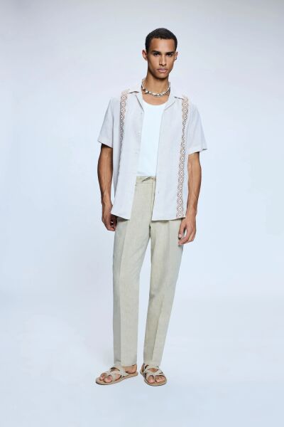 Bej Dinamik Fit Desenli Yandan Cepli Keten Jogger Pantolon 