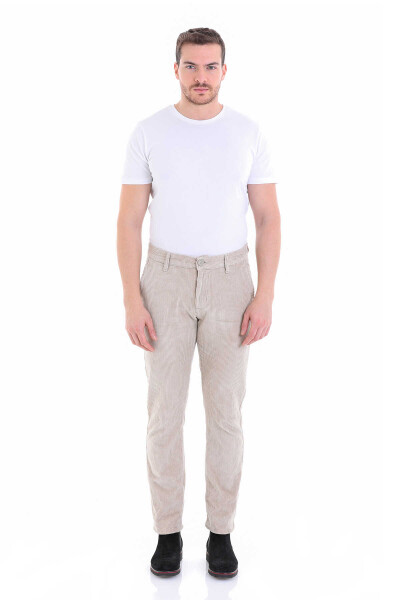 Bej Slim Fit Pamuklu Yandan Cep Kadife Pantolon - 4