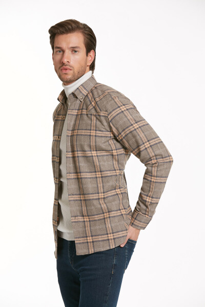 Bej Slim Fit Kareli Düğmeli Yaka Uzun Kollu Casual Flanel Gömlek - 2