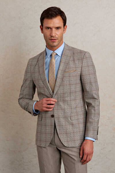 Bej Slim Fit Kareli Mono Yaka Casual Takım Elbise - 2