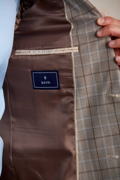 Bej Slim Fit Kareli Mono Yaka Casual Takım Elbise - 8