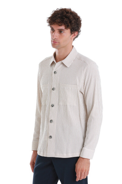 Bej Klasik Fit Çizgili Uzun Kollu Overshirt Gömlek - 3