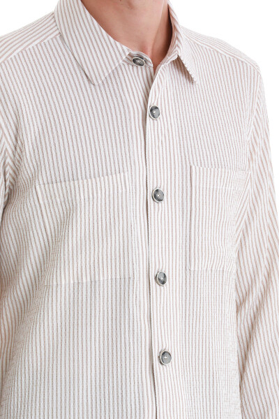 Bej Klasik Fit Çizgili Uzun Kollu Overshirt Gömlek - 5