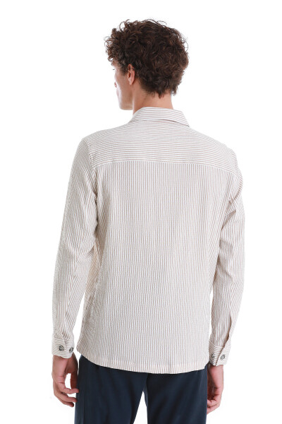 Bej Klasik Fit Çizgili Uzun Kollu Overshirt Gömlek - 6