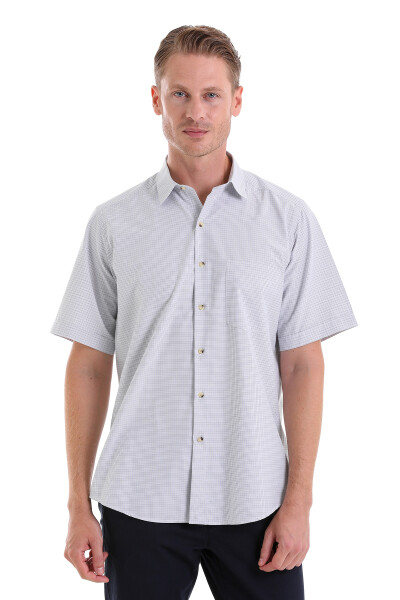 Bej Klasik Fit Kareli Pamuklu Slim Yaka Kısa Kollu Klasik Gömlek - 3