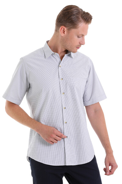 Bej Klasik Fit Kareli Pamuklu Slim Yaka Kısa Kollu Klasik Gömlek - 4