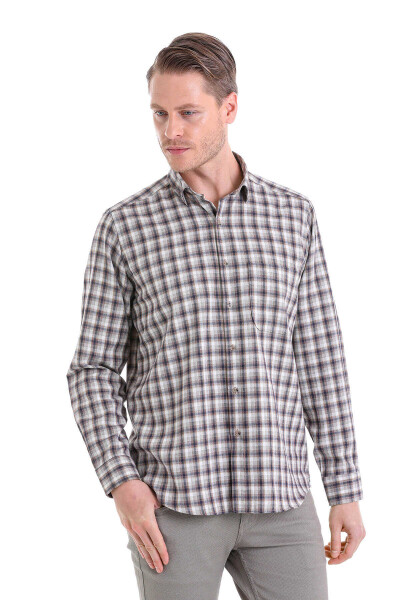 Bej Klasik Fit Kareli Slim Yaka Uzun Kollu Casual Flanel Gömlek - 2