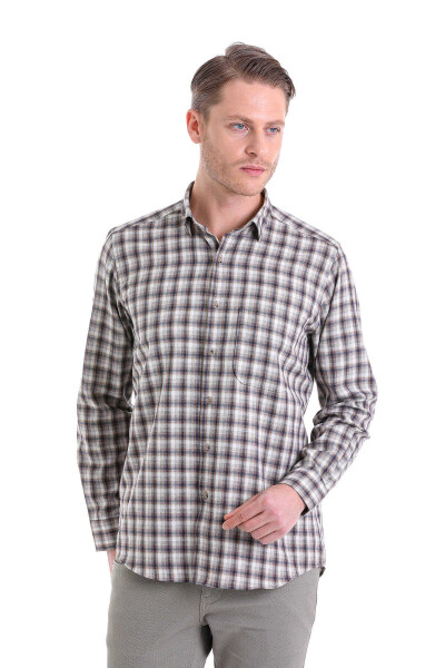 Bej Klasik Fit Kareli Slim Yaka Uzun Kollu Casual Flanel Gömlek - 3