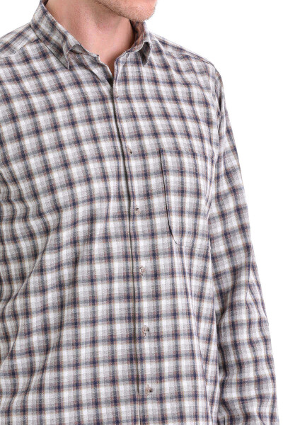 Bej Klasik Fit Kareli Slim Yaka Uzun Kollu Casual Flanel Gömlek - 5