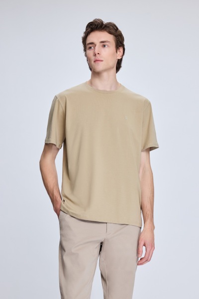 Bej Regular Fit Bisiklet Yaka Pamuklu Tişört 