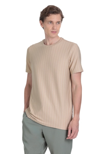 Bej Regular Fit Çizgili Bisiklet Yaka Tişört - 3