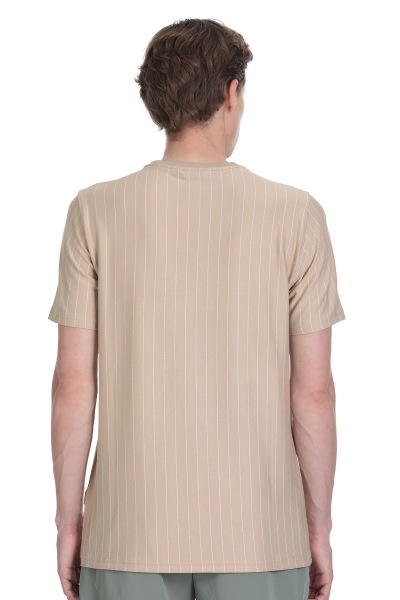 Bej Regular Fit Çizgili Bisiklet Yaka Tişört - 5