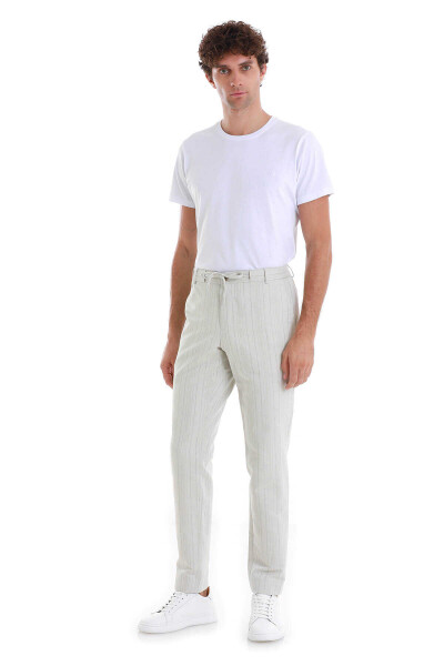 Bej Regular Fit Çizgili Yandan Cepli Keten Pantolon - 1