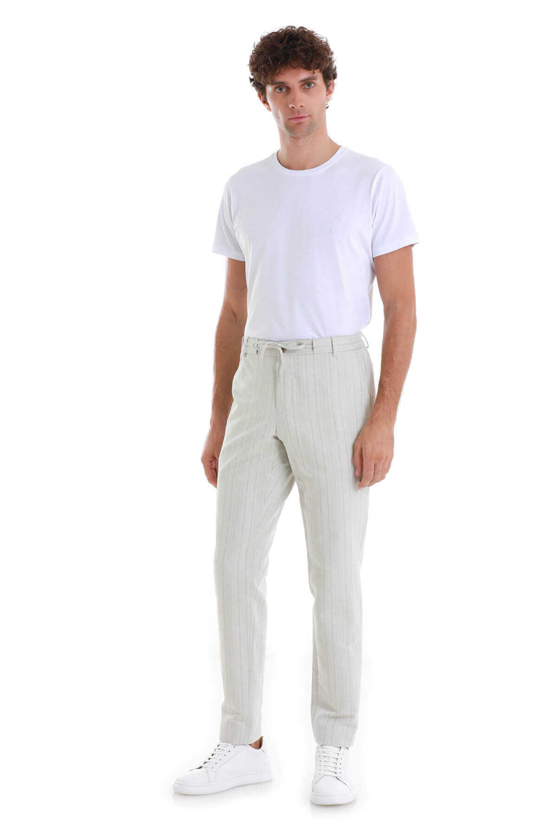 Bej Regular Fit Çizgili Yandan Cepli Keten Pantolon - Hatem Saykı