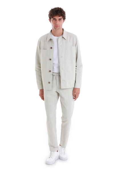 Bej Regular Fit Çizgili Yandan Cepli Keten Pantolon - 6