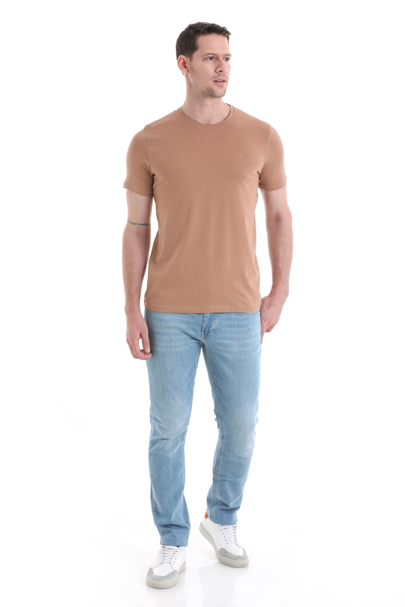 Bej Regular Fit Pamuklu Bisiklet Yaka Tişört - HTML (1)