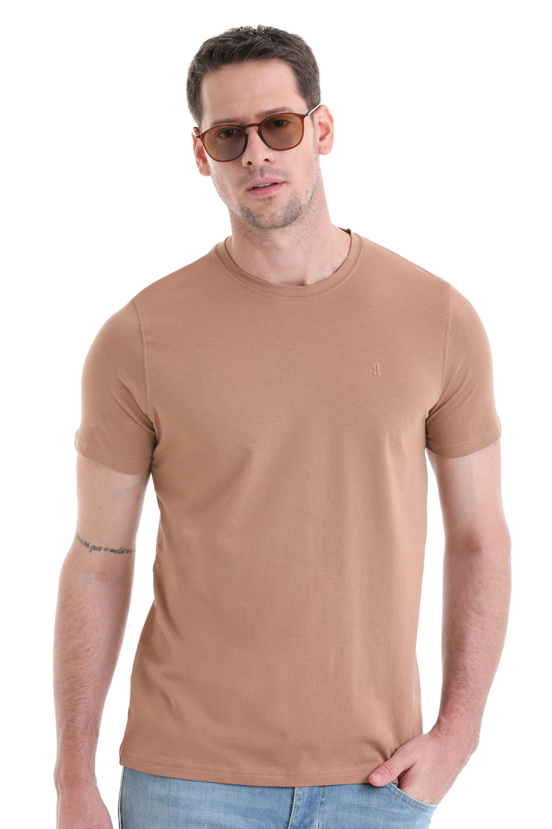Bej Regular Fit Pamuklu Bisiklet Yaka Tişört - HTML (1)