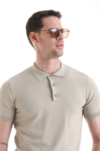 Bej Regular Fit Polo Yaka Rayon Tişört - 4