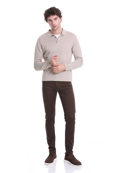 Bej Regular Fit Polo Yaka Triko Kazak - 2