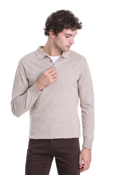 Bej Regular Fit Polo Yaka Triko Kazak - 4