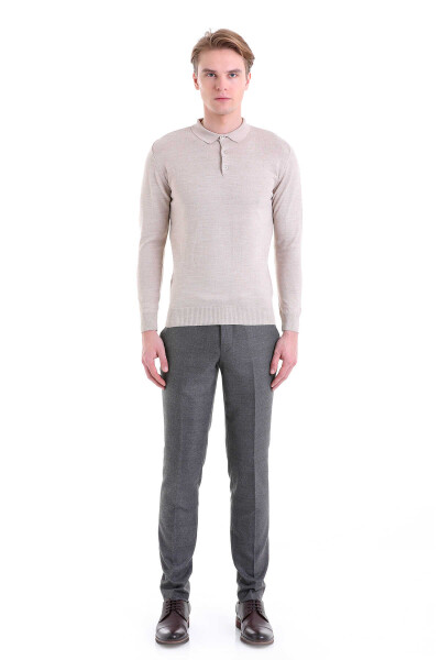 Bej Comfort Fit Polo Yaka Yünlü Kazak - 3