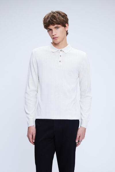 Bej Regular Fit Düz Polo Yaka Yünlü Triko Kazak 