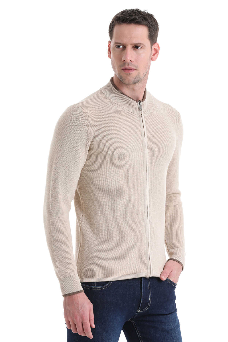 Bej Regular Fit Yarım Balıkçı Yaka Fermuarlı Triko Hırka - Hatem Saykı (1)