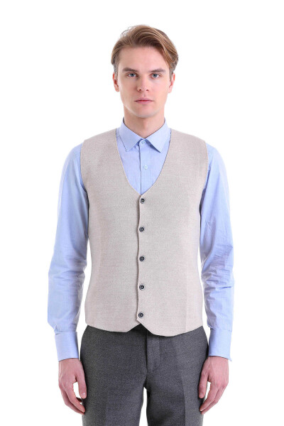 Bej Comfort Fit V Yaka Yünlü Klasik Triko Yelek - 2