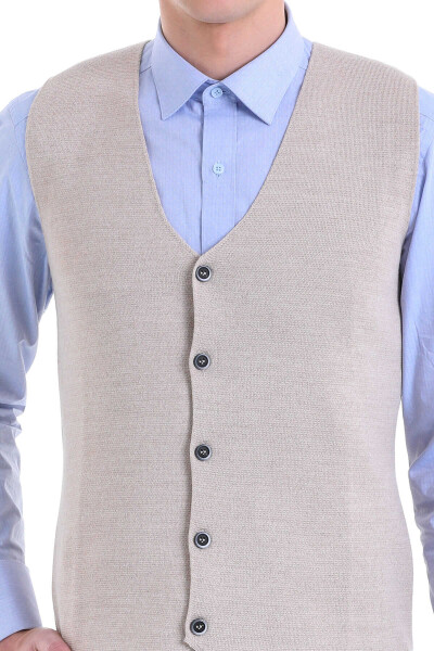 Bej Comfort Fit V Yaka Yünlü Klasik Triko Yelek - 4
