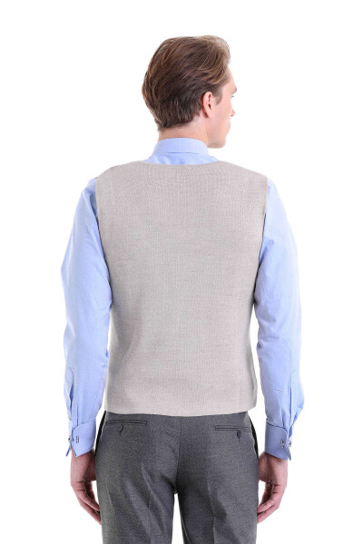 Bej Comfort Fit V Yaka Yünlü Klasik Triko Yelek - 5