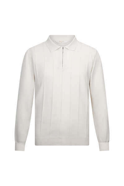 Bej Regular Fit Fermuarlı Polo Yaka Rayon Triko Kazak 