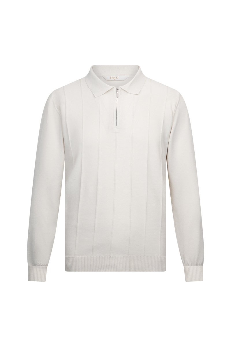 Bej Regular Fit Fermuarlı Polo Yaka Rayon Triko Kazak - Hatem Saykı