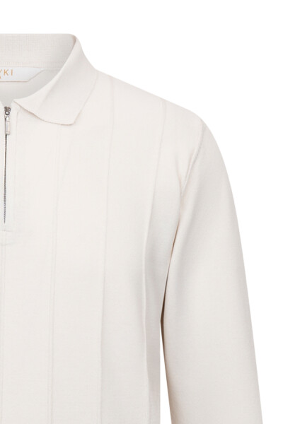 Bej Regular Fit Fermuarlı Polo Yaka Rayon Triko Kazak - 3