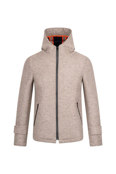 Bej Regular Fit Hakim Yaka Kapüşonlu Yünlü Kaşe Mont 