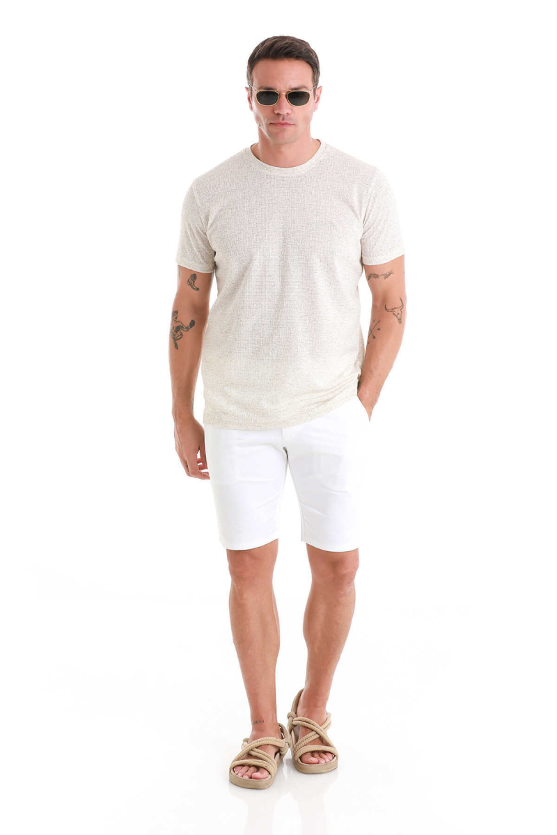 Bej Regular Fit Jakarlı Bisiklet Yaka Keten Tişört - Hatem Saykı (1)