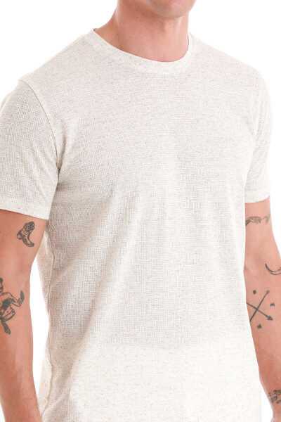 Bej Regular Fit Jakarlı Bisiklet Yaka Keten Tişört - 5