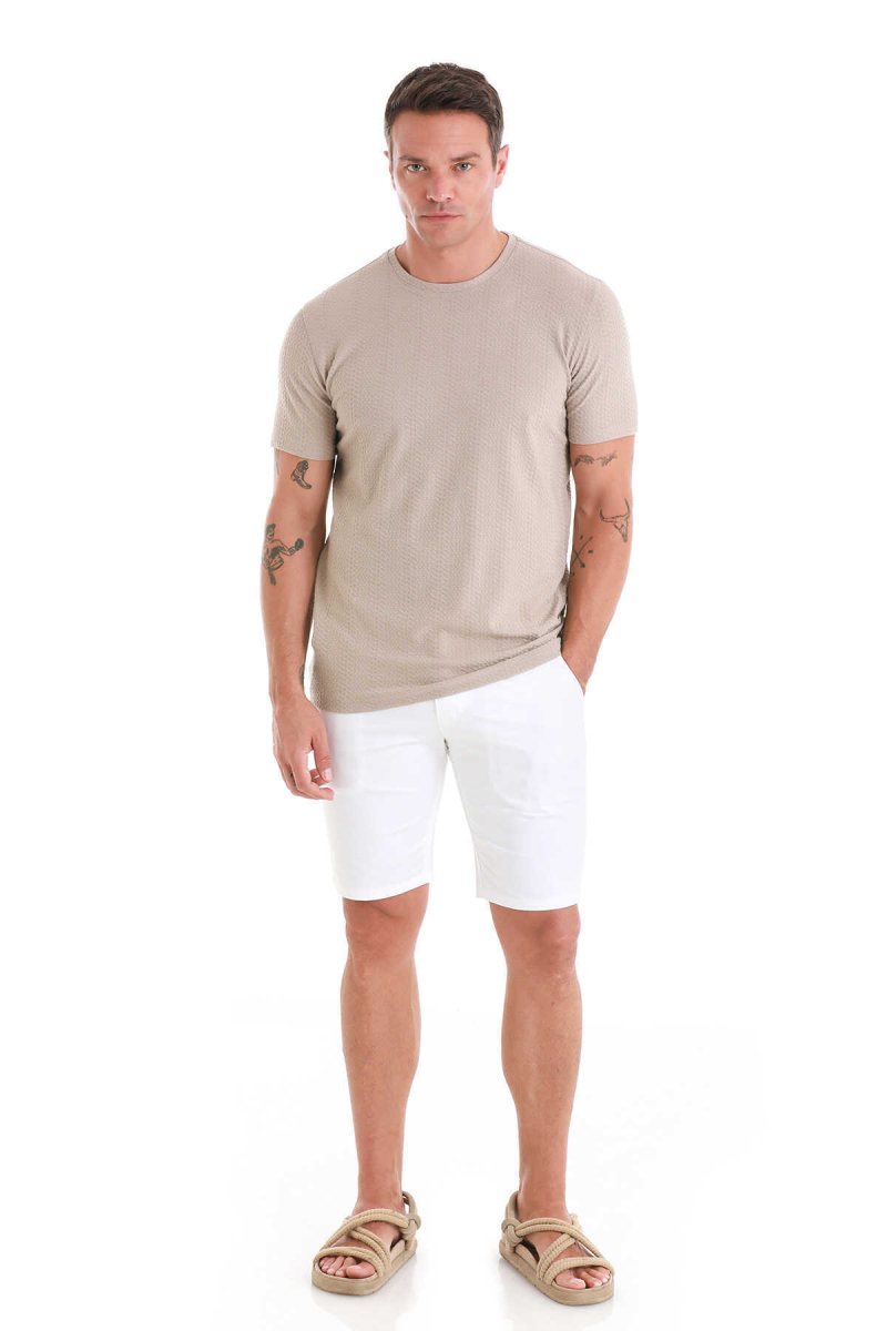 Bej Regular Fit Jakarlı Bisiklet Yaka Tişört - Hatem Saykı (1)