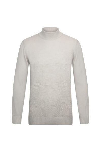 Bej Regular Fit Jakarlı Çeyrek Balıkçı Yaka Yünlü Triko Kazak 